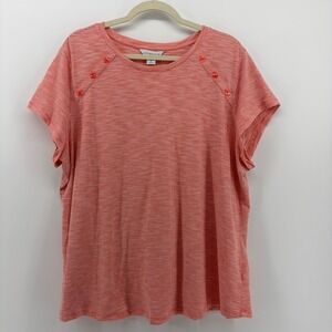 Liz Claiborne‎ Striped T Shirt Coral White Button Shoulder Women's Plus Size 1X